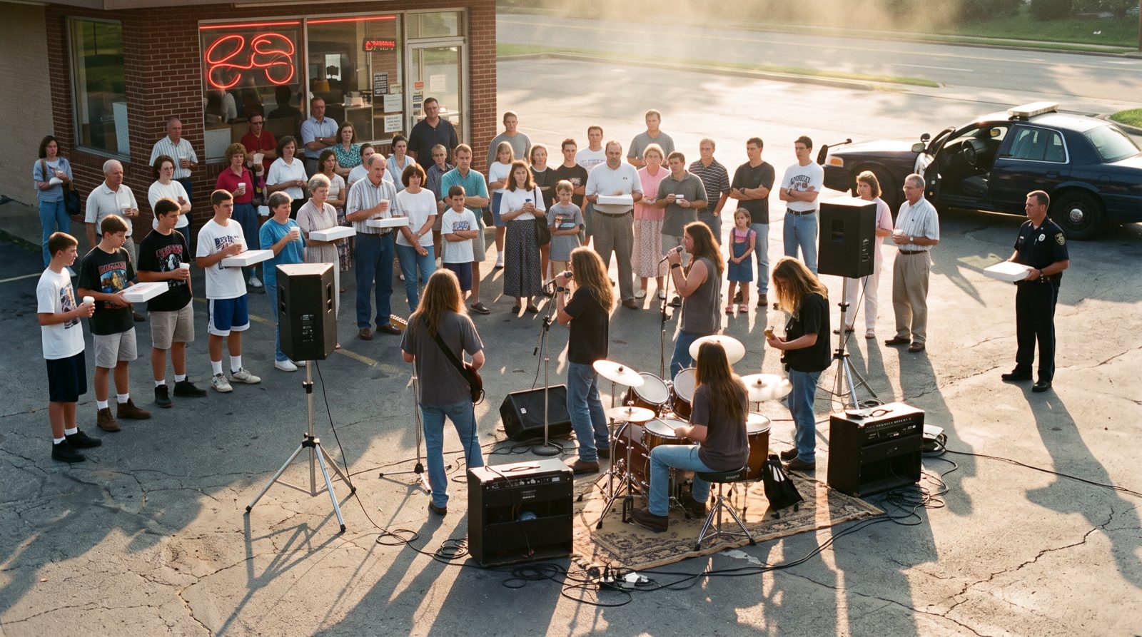 A band playing in a shop parking lot on a summer morning