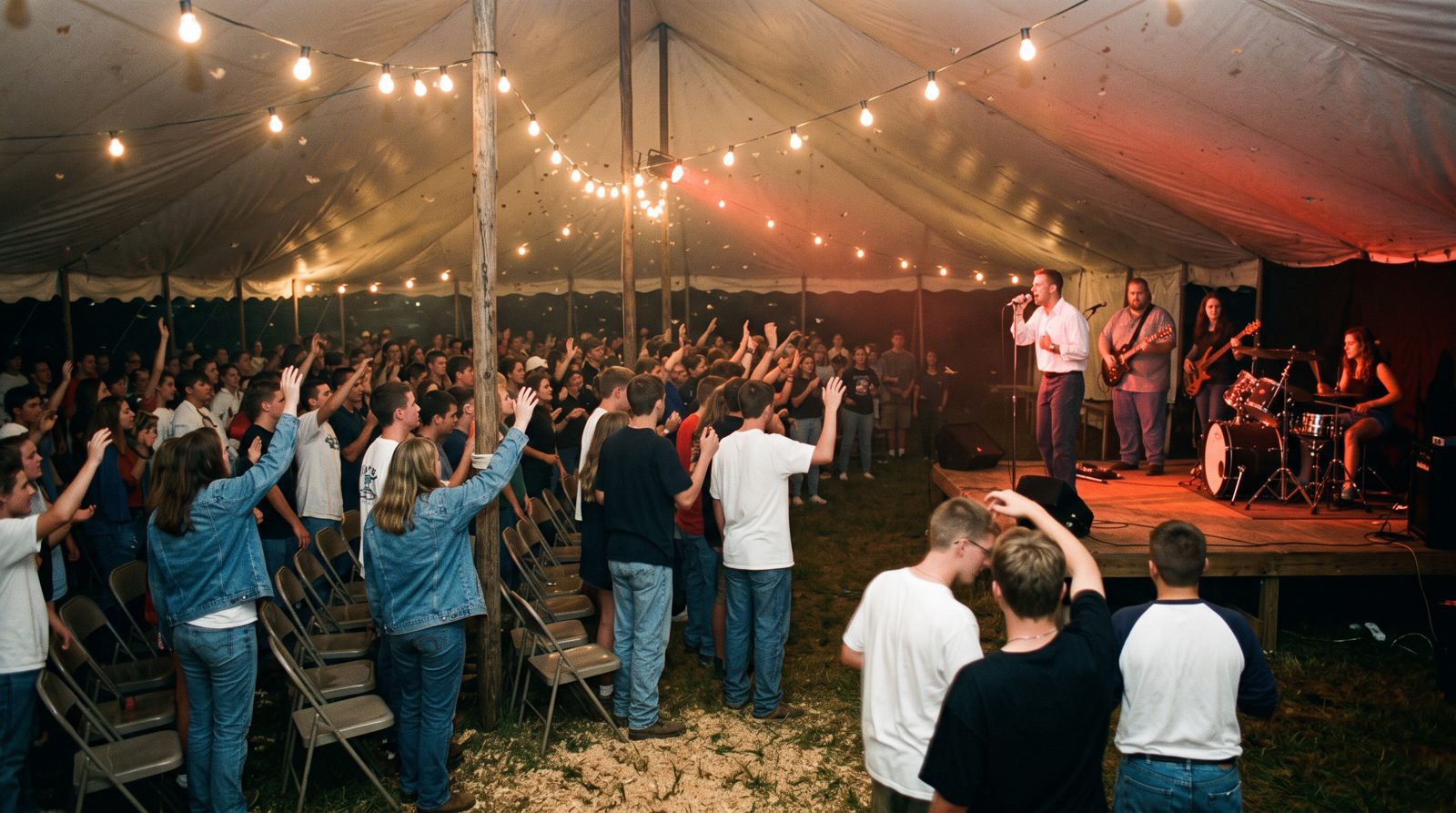 A hard rock band under a revival tent at a county fairground at night